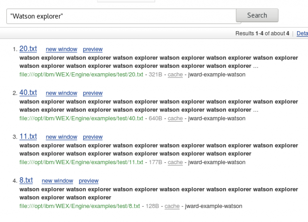 screen shot of watson explorer search results